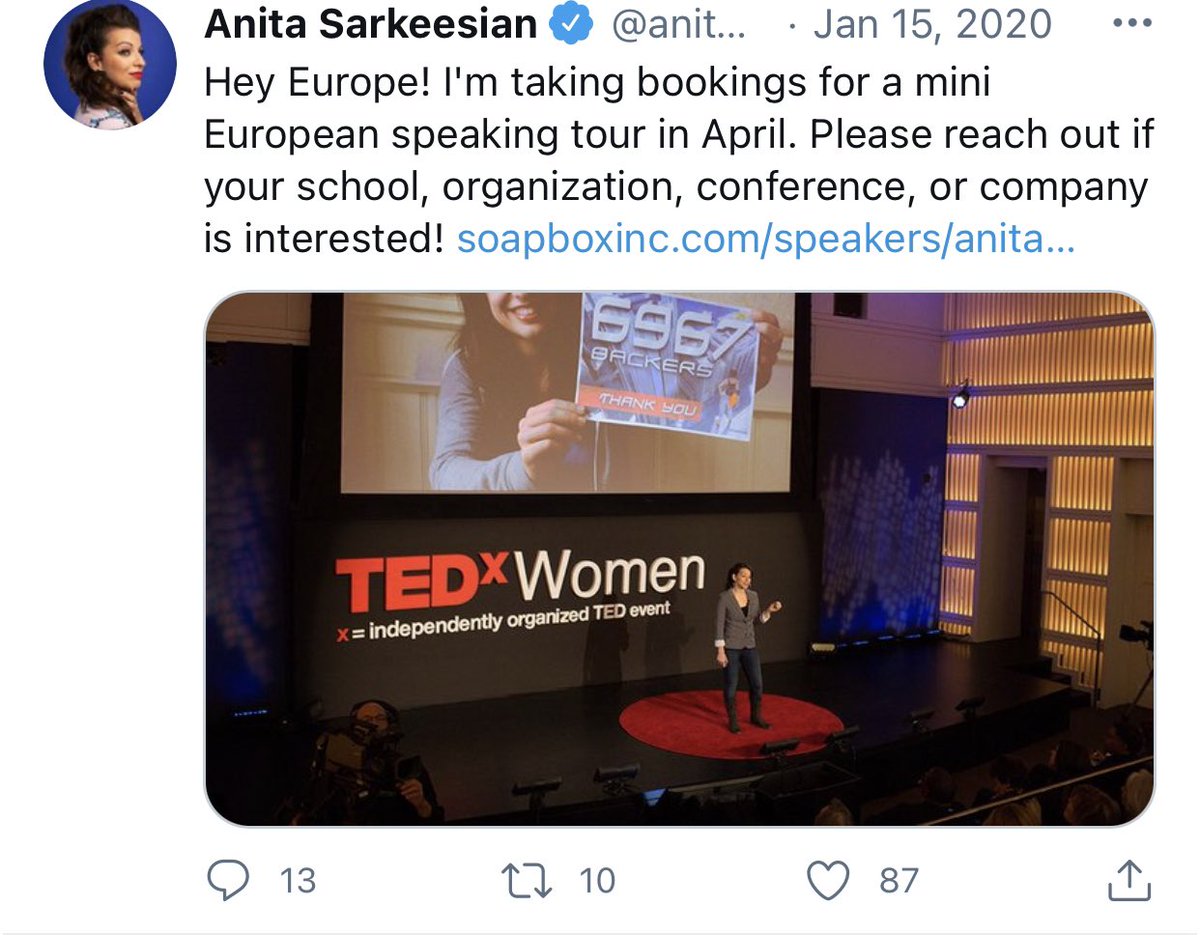 But  @anitasarkeesian, I’ll toss you a bone. It’s not your job to use your vast wealth to keep friends afloat, but if you wanna bring up influencers/audiences, let’s focus on yours, shall we?