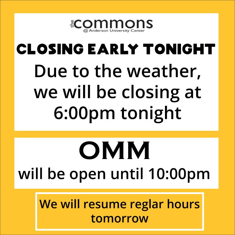 pludining's tweet image. We’re closing The Commons early tonight due to weather so our staff can get home safely. OMM will be open for you until 10pm. Be safe and have fun!