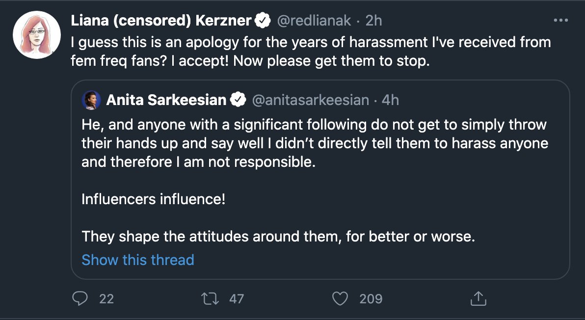 "...anyone with a significant following do not get to simply throw their hands up and say well I didn’t directly tell them to harass anyone and therefore I am not responsible...teehee, just kidding. Rules for thee but not for mee"
