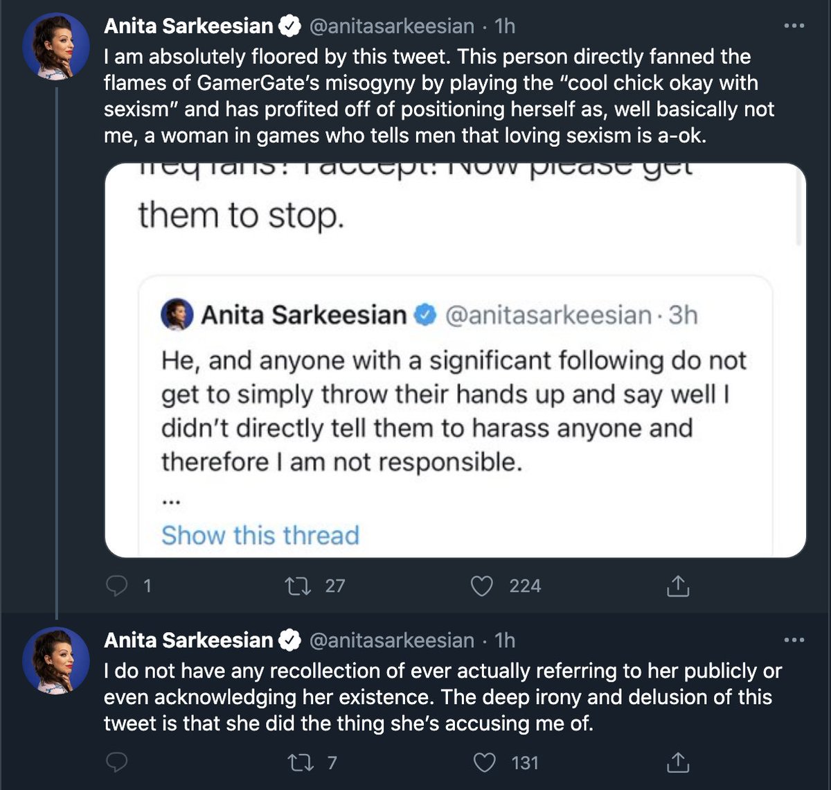 "...anyone with a significant following do not get to simply throw their hands up and say well I didn’t directly tell them to harass anyone and therefore I am not responsible...teehee, just kidding. Rules for thee but not for mee"