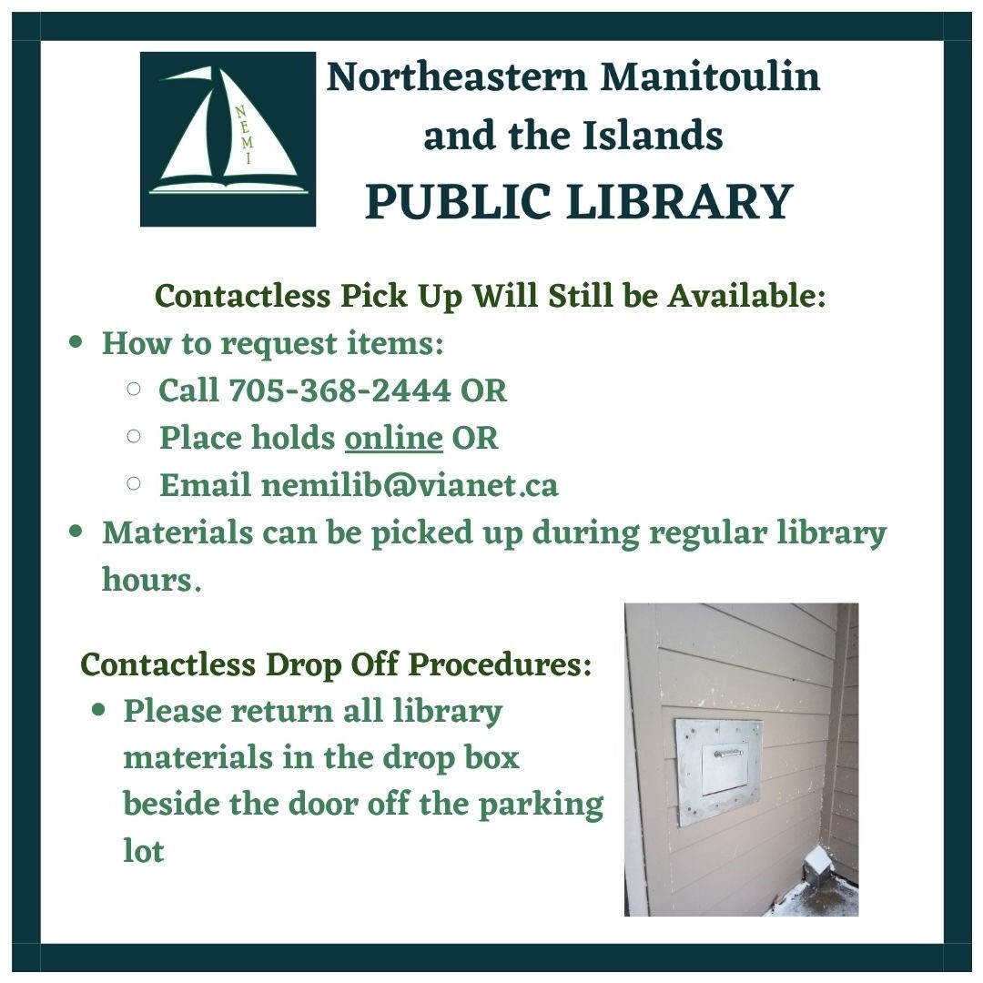 NemiLibrary's tweet image. NEMI Library will be OPEN starting February 16 2021 
with the following restrictions: As per public health guidelines: wear a mask, 2 m distance from others and wash your hands. Patrons will be limited to 30 minutes in the library.