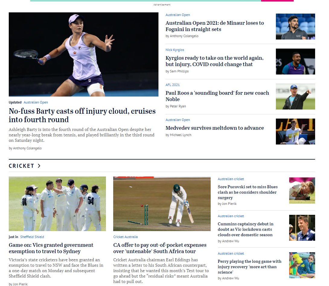 Slightly less  #BallsOnly  @theage  @theagesport Sunday sports splash 2/10  #WomenInSport  No-fuss Barty casts off injury cloud, cruises into fourth round  https://www.theage.com.au/sport/tennis/no-fuss-barty-casts-off-injury-cloud-cruises-into-fourth-round-20210213-p5728b.html Perry playing the long game with injury recovery 'more art than science'  https://www.theage.com.au/sport/cricket/perry-playing-the-long-game-with-injury-recovery-more-art-than-science-20210211-p571q4.html