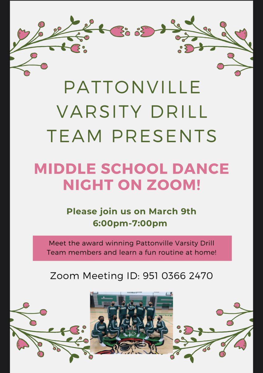 Calling all Elementary and Middle school students!! Join us for a fun evening on Zoom where you can meet the team and learn a fun dance at home! Elementary is set for March 2nd, middle school is set for March 9th. Both nights will be from 6-7pm. We can’t wait to meet you! 💗💚
