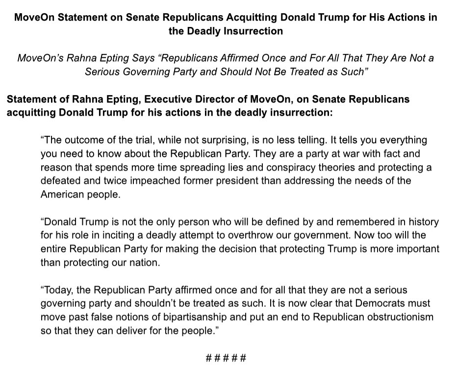 The acquittal of Trump “tells you everything you need to know about the Republican Party.” Our statement from <a href="/MoveOn/">MoveOn</a> executive director <a href="/rahnamepting/">Rahna Epting</a>: