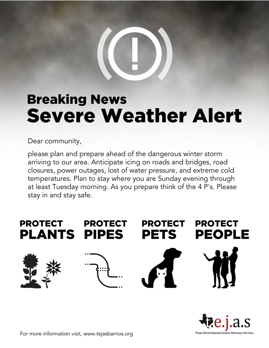 tejasbarrios's tweet photo. #localbreakingnews Governor Abbott Issues Disaster Declaration, the winter storm hitting Texas this weekend can be as serious as a Category 5 Hurricane. Please prepare and think of the 4P's. Plants, Pipes, Pets, People. https://t.co/jSUEdNZeQa