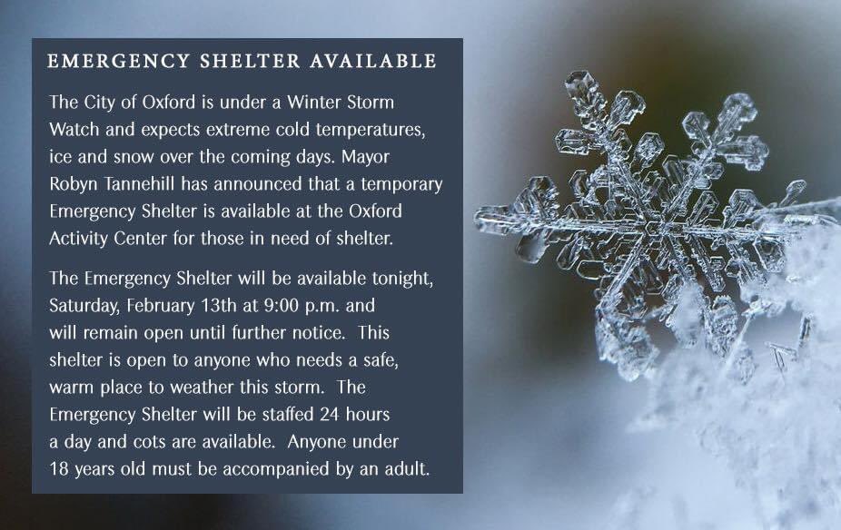 olemissjourimc's tweet photo. Please spread the word about the @cityofoxford’s winter shelter for those who may be experiencing extreme cold temperatures brought on by the winter storm. See below. 👇❄️☃️🌨 https://t.co/x9wsQAzBf8