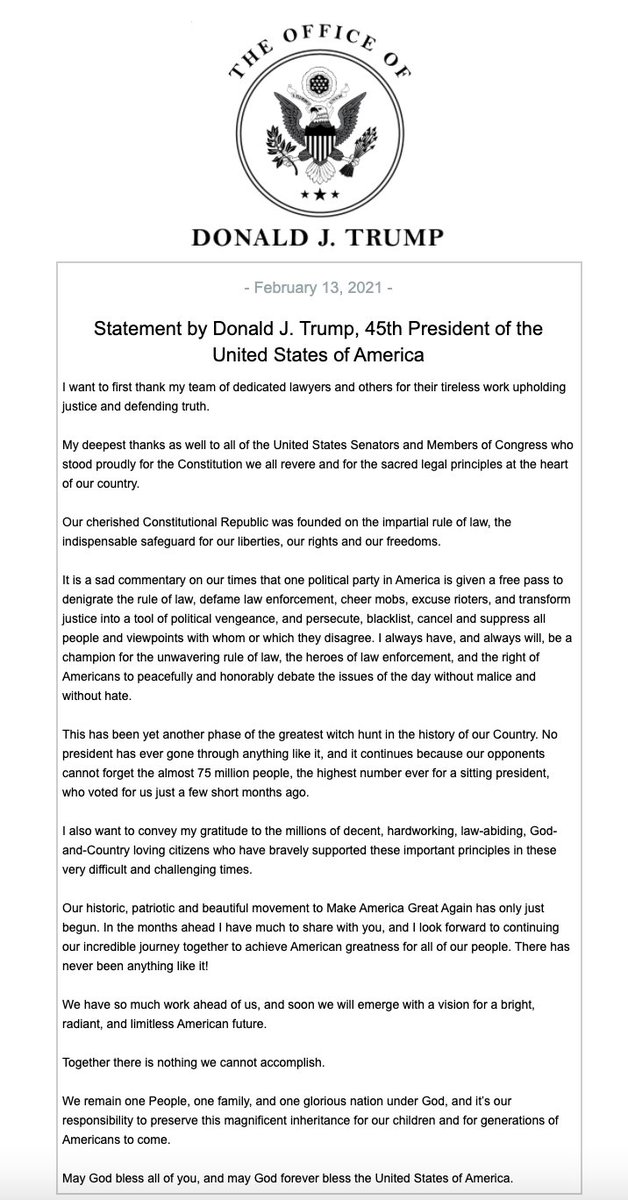 Statement by Donald J. Trump, 45th President of the United States of America: