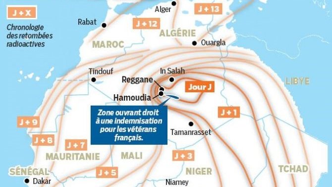As revealed in declassified maps in 2013, radioactive fallout from the Gerboise Bleue test spread far across north Africa.