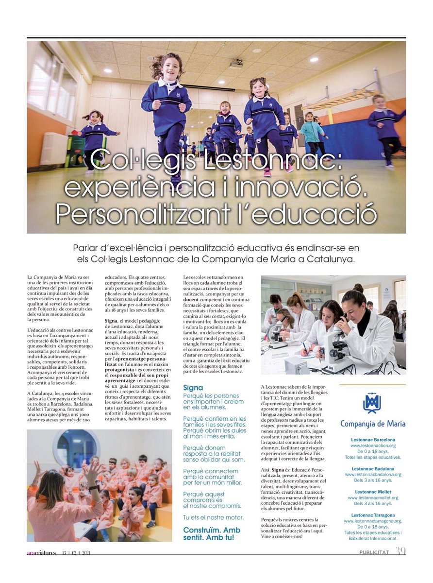 Avui el diari @ARAcriatures es fa ressò de @lestomollet com a referent en educació personalitzada a través de SIGNA,  el nostre model pedagògic . Construïm. Amb sentit! Amb tu!
