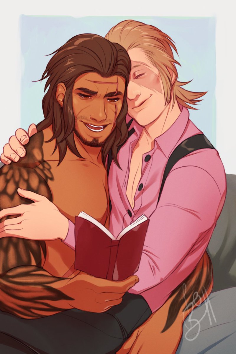 Old domestic Gladnis for <a href="/Ginger_El_/">eliot 💛🌻</a> !! For this Valentine's, Ignis is allowing Gladio to read one of his romance novels to him.