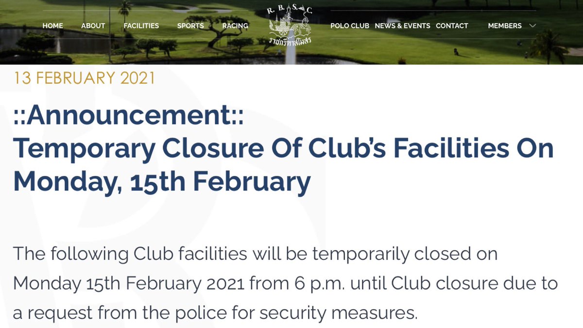 RichardBarrow's tweet photo. Some facilities at The Royal Bangkok Sports Club will be temporarily closed on Monday 15th February 2021 from 6 p.m. due to a request from the police for security measures https://t.co/JESz5vR2n6 #Bangkok #Thailand https://t.co/XlVYBgy09A