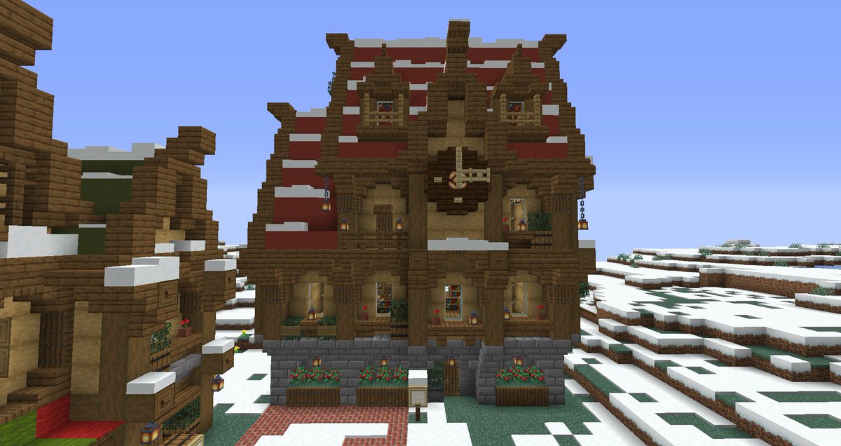 むゆみ 司書さん用に本屋さん建てました シルバニアファミリーっぽい笑 真ん中の変なやつは時計のつもり 3 Z マイクラ Minecraft Minecraft建築コミュ サバイバル建築クラブ