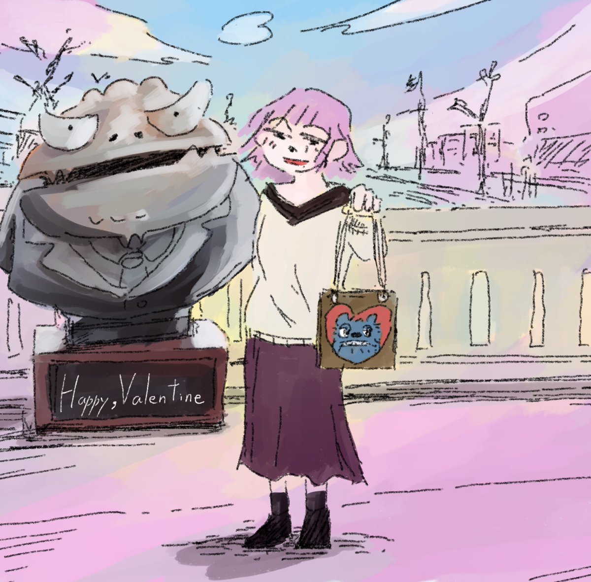 1girl skirt bag outdoors purple hair handbag sky  illustration images