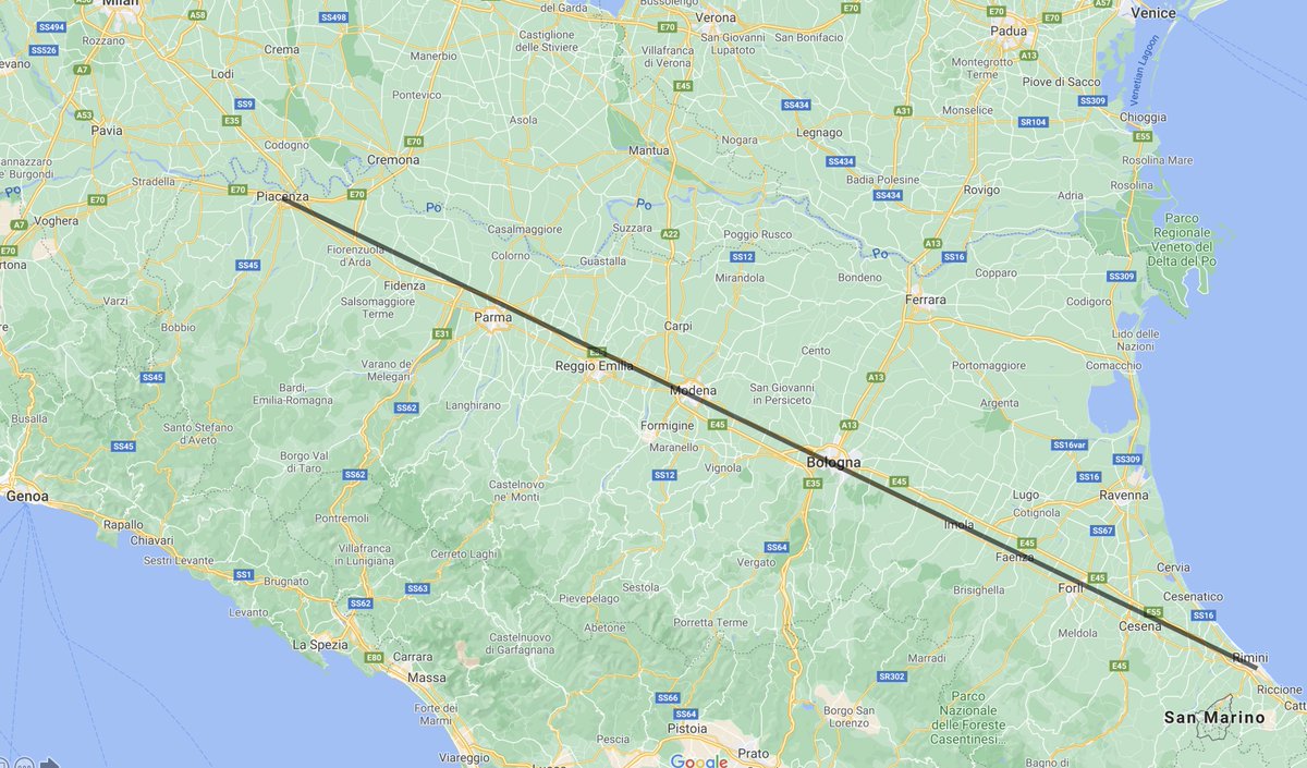 So I turned to look at what's there, and a bunch of cities are on a near perfect line! From Piacenza to Rimini through Parma, Reggio Emilia, Modena, Bologna or Forli.They're all connected by the E45. So I wondered: What's the history of E45?
