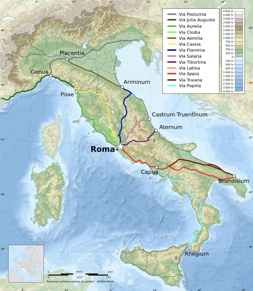 Turns out it was the Via Aemilia that Romans built to control the Po Valley. They built it on the mountainside of the Appenine Mountains, as straight as they could for efficiency, and then built cities along its way! https://en.wikipedia.org/wiki/Via_Aemilia
