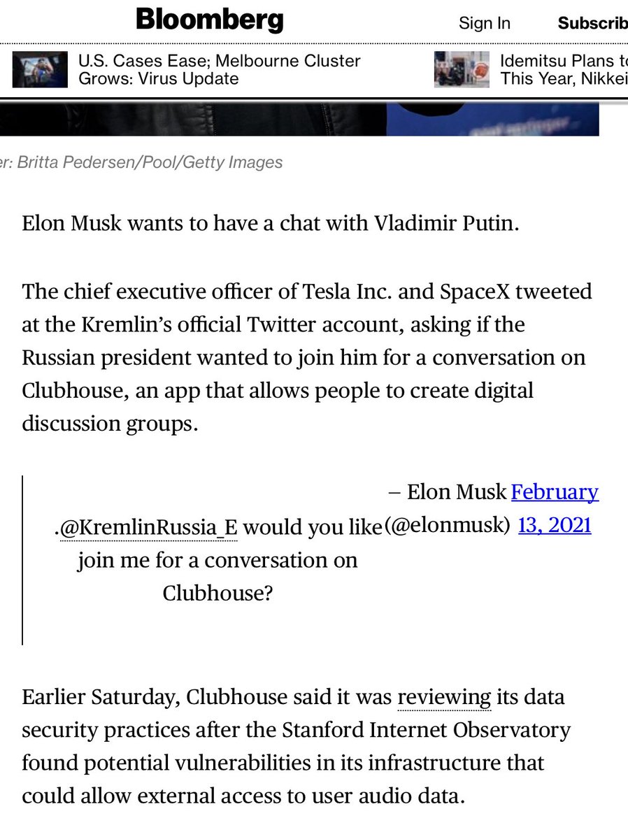 Elon Musk Asks Kremlin for a Talk on the Clubhouse App https://flip.it/l4EPXy  /sure, this is lawless, but otoh I’m not sure there is a better way to encourage  @StateDept & US intelligence services to pay attention to what is happening on the app?