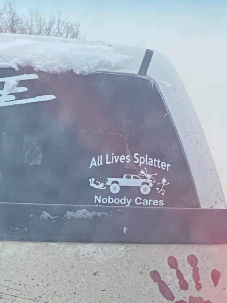 February 12, 2021Edmonton, AlbertaThis is Alberta. Look at the paint job. Read the stickers.The original share of these images notes that the woman who took the photos was threatened with becoming “the next MMIWG”.