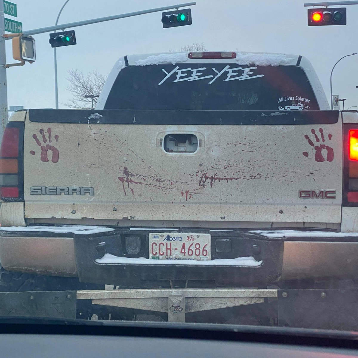 February 12, 2021Edmonton, AlbertaThis is Alberta. Look at the paint job. Read the stickers.The original share of these images notes that the woman who took the photos was threatened with becoming “the next MMIWG”.
