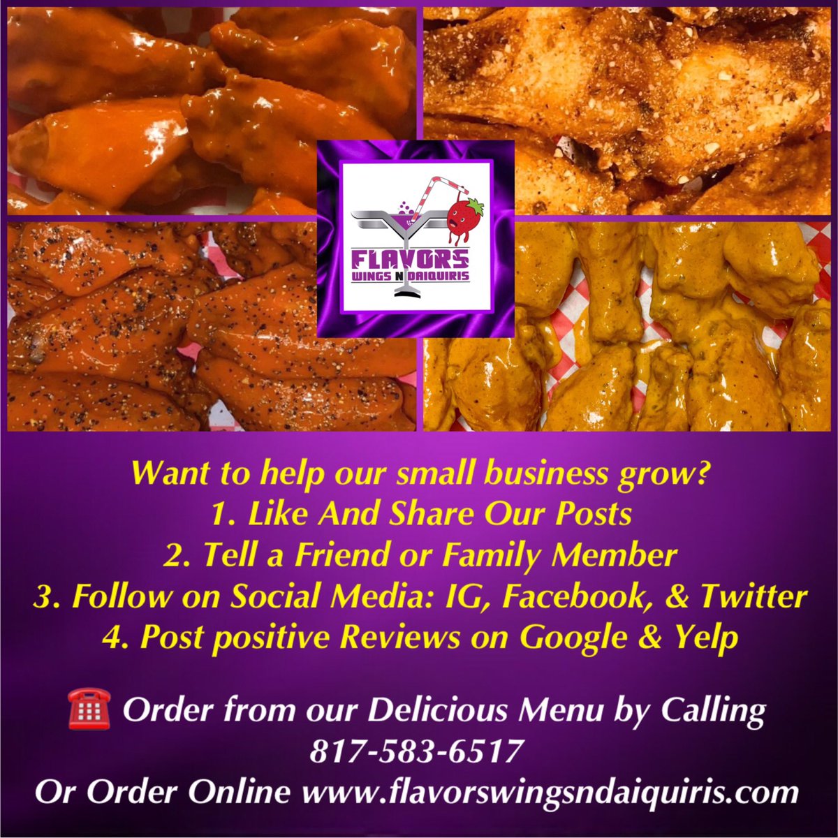 FlavorsWingDaq's tweet photo. Let’s see if we can make this go viral!!! 😀😀💜💜💜 Thanks everyone for your support! #REPost #exploremore #RetweeetPlease #ArlingtonTX https://t.co/mHVYZrkzg2 https://t.co/HScoFOsSU5