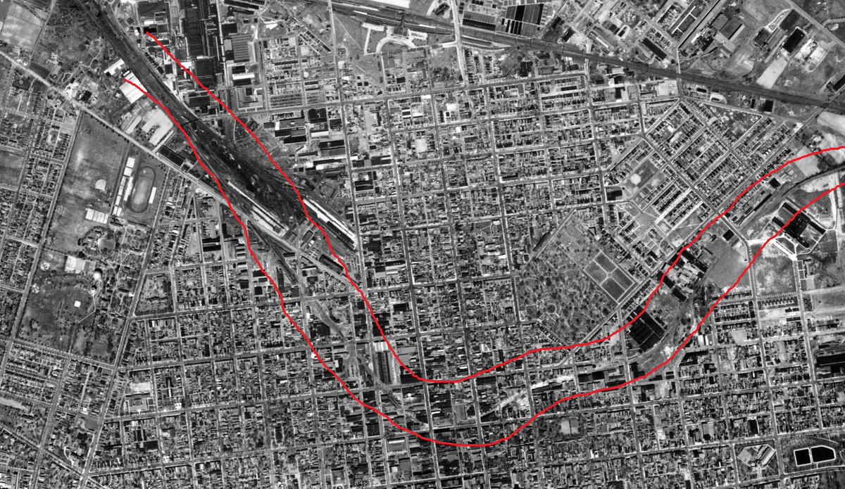 But there was a track that swung down into the city. I imagine it was for freight, and it has been taken out. Part of it is now a linear park, but parts of it are evidenced by buildings that are angled from the road. But they are perfectly aligned with the track right of way.