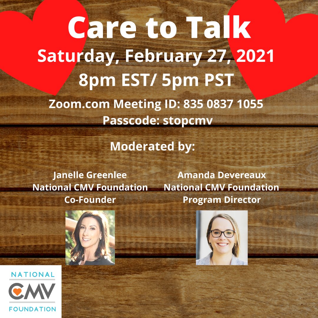 #CMV families, please join us for "Care to Talk" on 2/27! Visit zoom.com, select Join a Meeting, and enter the meeting ID #: 835 0837 1055 and passcode: stopcmv to join!

#stopcmv #specialneedsparenting #pregnancyandnewbornloss
