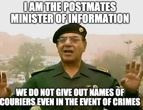 digitalkitty's tweet photo. @Postmates_Help  / @Postmates  went all Bagdad Bob on me when I wanted to get the name of the thief saying they can't give it out, but, they will investigate. They probably don't even have the name... https://t.co/z1eIhuABIp