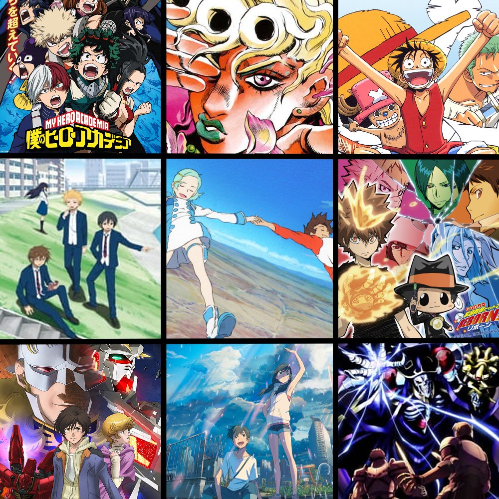 LaJester_2434's tweet image. Here's my 9 by 9! Now roast me for my shit taste or applaud for my supreme delicacy! #anime #9by9TH #9by9 #MyHeroAcademia #JojoNoBBB #ONEPIECE #dailylifeofhighschoolboys #EurekaSeven #KatekyoHitmanReborn #GundamUnicorn #Overlord