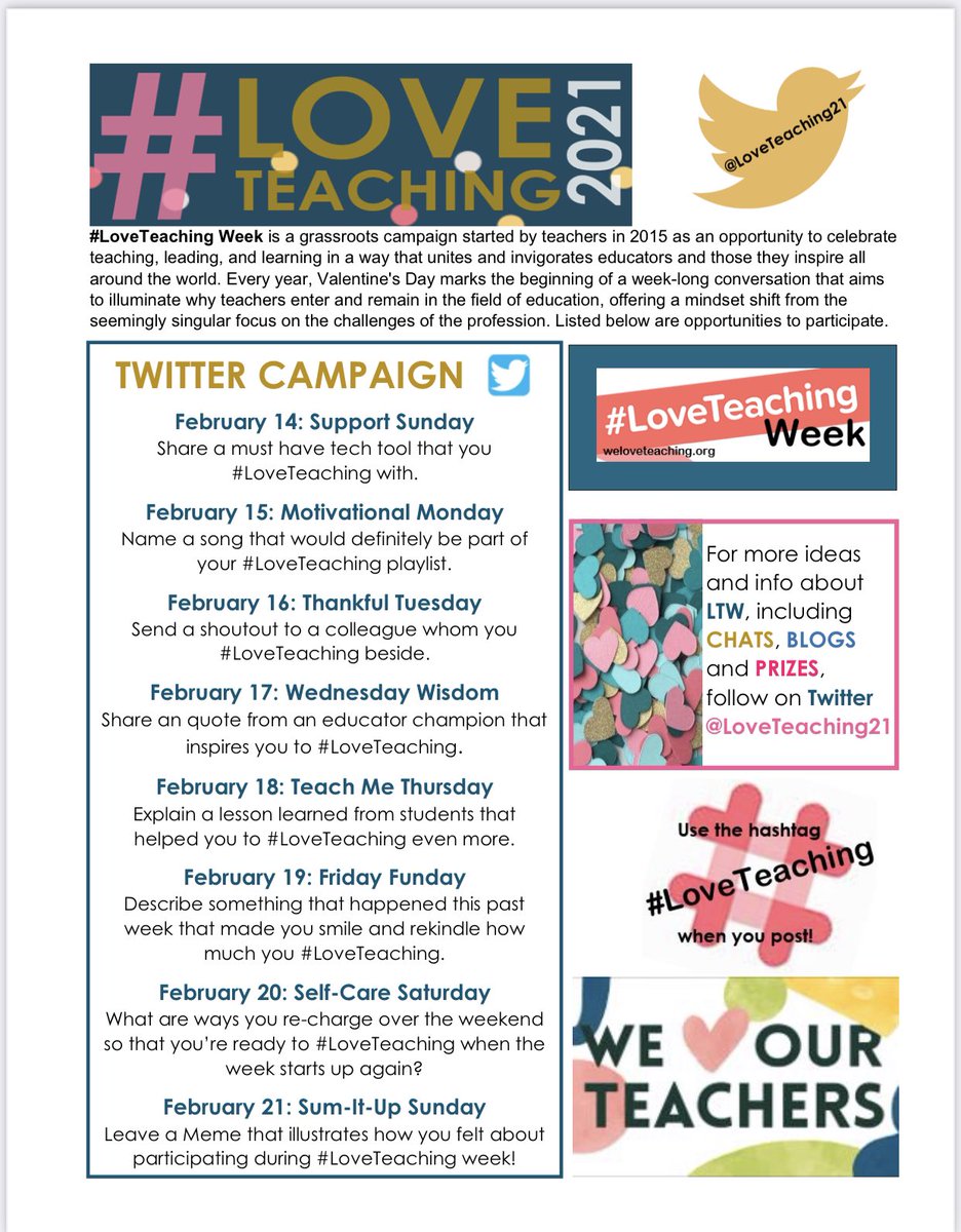Join teachers nationwide from 2/14-2/21 with “I Love Teaching” week, a concept piloted by state teachers of the year and now in it’s 5th year. After all we’ve accomplished during this crazy year, let’s engage in activities that remind us why we’re teachers!!