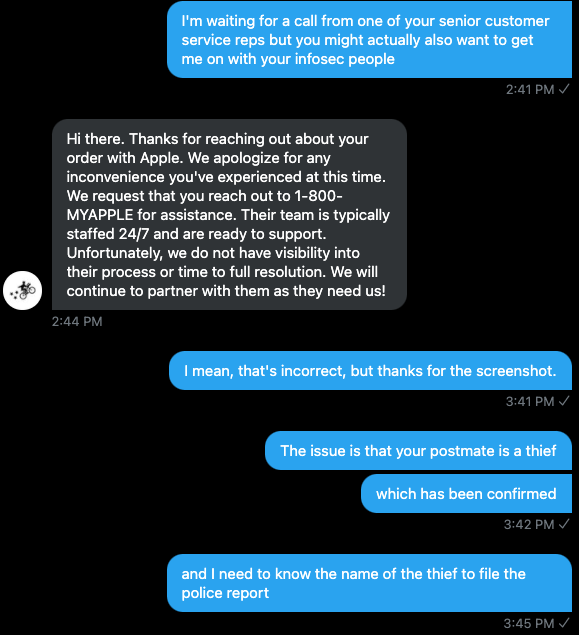 digitalkitty's tweet photo. I've back channeled some of the issues to friends of friends on the infosec teams at @Apple  and @Postmates.

Additionally, I love the part where @Postmates_Help  made it look like they wanted to help and to DM them... just to have them blow me off and say basically "
🖕call  https://t.co/MVyGw9rPRp