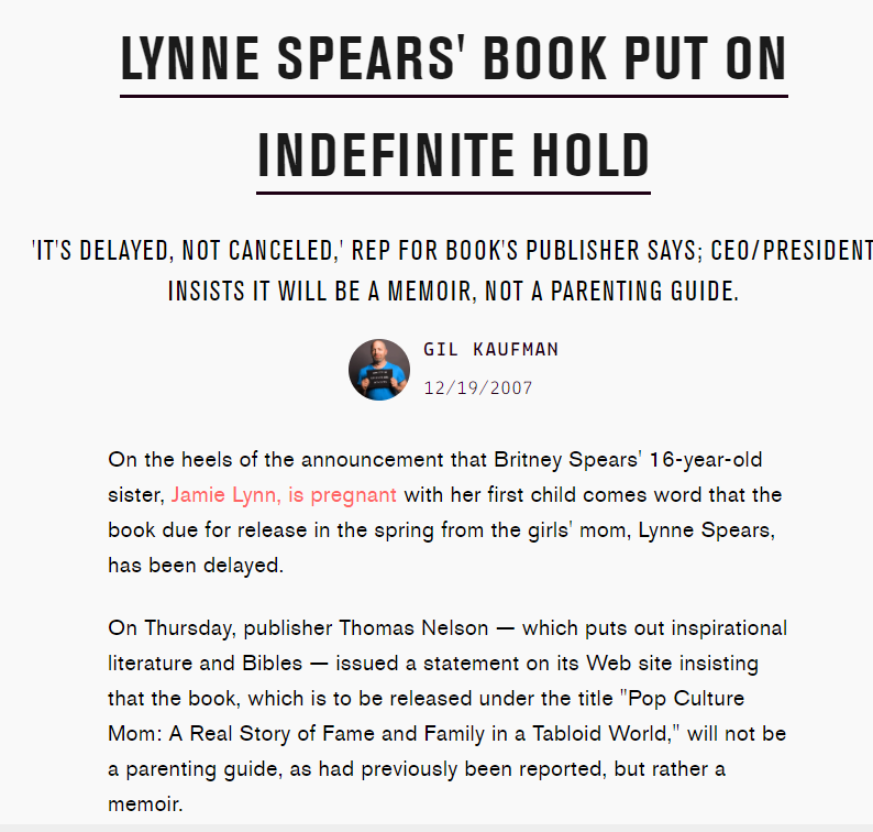 On October 29, 2007, word is out that Britney's mom is working on a book. It'd be published by Thomas Nelson, a Christian-focused imprinter. Also headquartered in Nashville, TN. And the publisher for Lou's book, "The Becoming Devotional Bible." (Notice Mitch Martin's name)