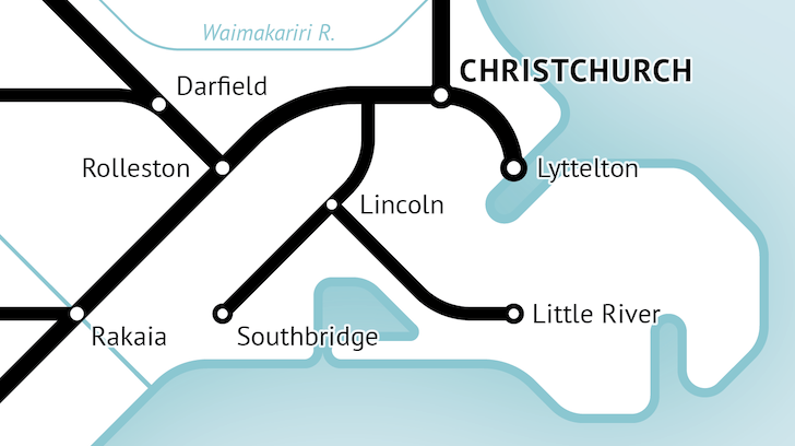 Railways once criss-crossed this area but you can't tell that on Google. Let's turn to a snippet of  @svdweerden's fine work. The line to Southbridge opened in 1875; construction of a branch from Lincoln began 1880. It reached Birdlings Flat in 1882 and Little River in 1886. 3/