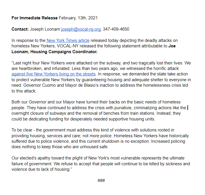 VOCALNewYork's tweet photo. STATEMENT: Our response to the horrific attacks of homeless New Yorkers on the MTA last night https://t.co/Fp6HEPEIZc