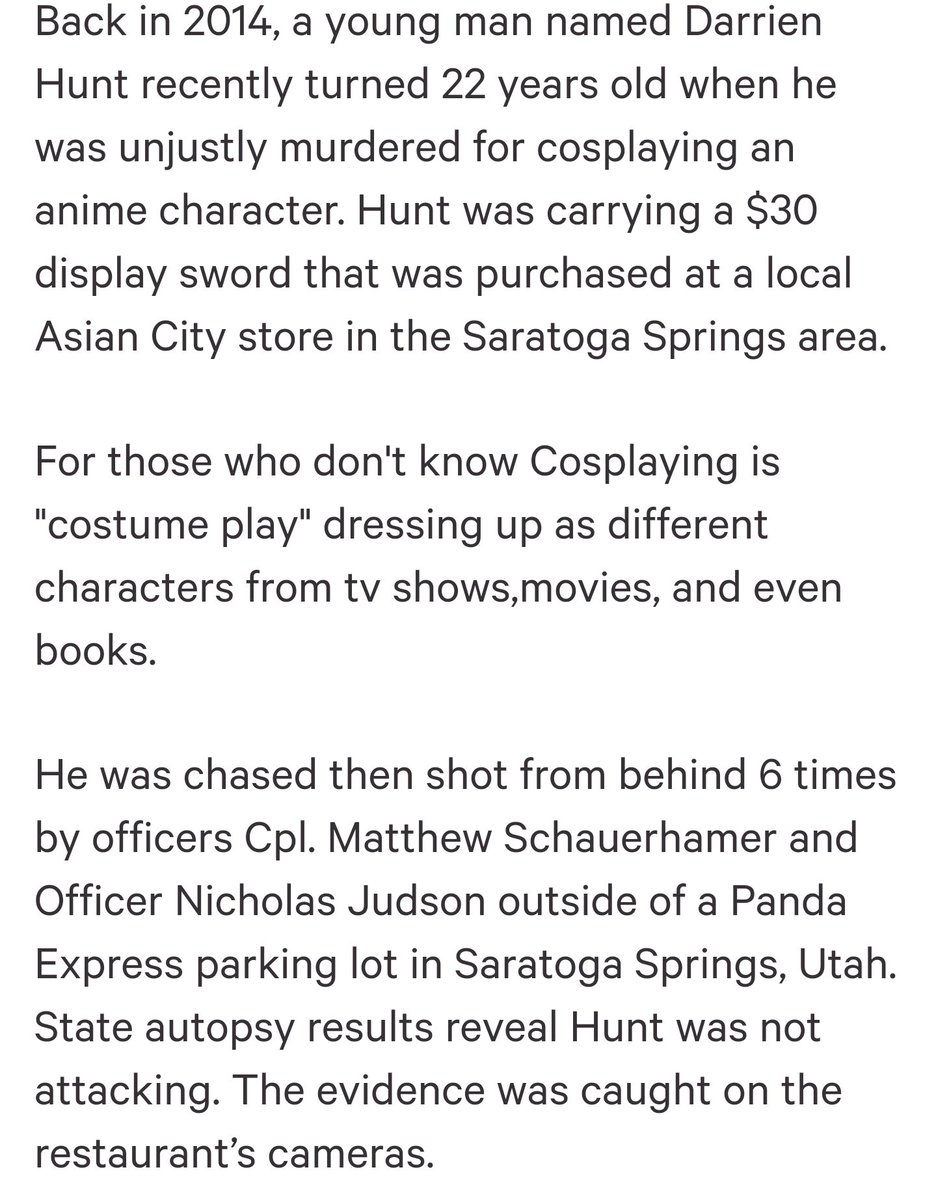 researchyasufe's tweet photo. Its R.I.P. Darrien Hunt until it's R.I.P. existence itself. Killed by police for cosplaying while black. I dont know how to feel that this isn't talked about more in the black cosplay community, but the anime community as a whole. 

Love you, Mugen. https://t.co/ldEKbsDMd0