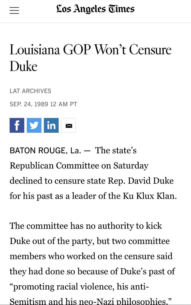 DrRobertCollins's tweet image. The LA GOP formally censured Sen. Bill Cassidy today. Interesting side note: When I was on the staff of US Senator Bennett Johnston, we asked the LA Republican Party to censure our opponent, David Duke, because he had literally been a self-professed Klansman. They refused.
