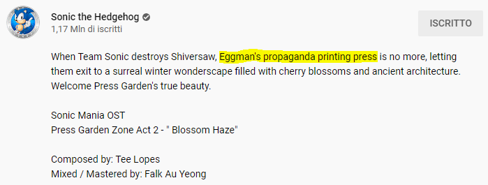 The fake news does not end there, apparently Eggman also owns a printer factory and perhaps with it a newspaper to give news, according to the description of Press Garden Act 2, the first act serves to give different propaganda in favor of Eggman and against Sonic.