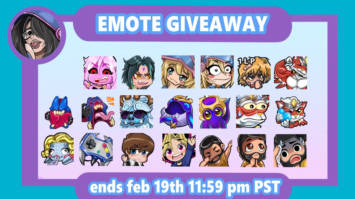 MariamneYGO's tweet photo. !!! - EMOTE GIVEAWAY- !!!

Rules: 
1. Open to any TCG player OR TCG artist
2. Like this post
3. Comment OR share your Twitch/Youtube channel link along with what you do. 

Prizes will be a fill of your emote slots  OR a full color commission https://t.co/kqy8gSMaQc
