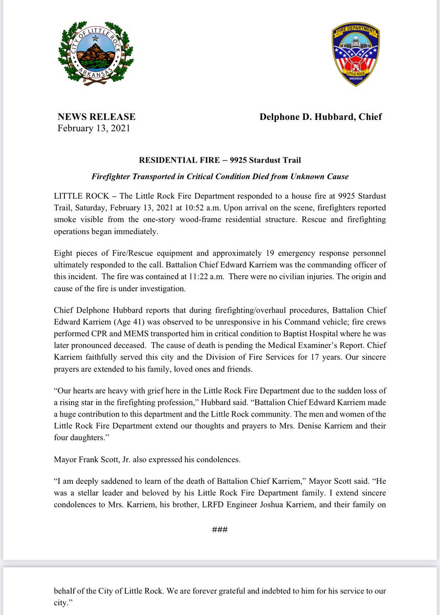 FrankScottJr's tweet image. I’m deeply saddened to learn of the death of Battalion Chief Karriem. He was a stellar leader and beloved by his @littlerockfire family. I extend sincere condolences to Mrs. Karriem, his brother, LRFD Engineer Joshua Karriem, and their family on behalf of the @CityLittleRock. 1/2