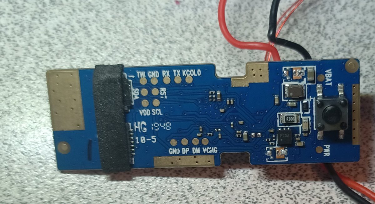 The other side of the board... wow we have a lot of pins here.We've got SDA/SCL (which is the I2C protocol), RX/TX (serial), and some other pins: DP, DM, VCHG, and KCOLO