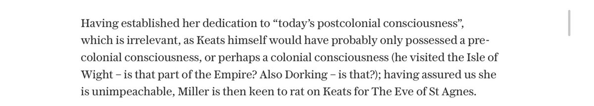 I mean, writing more biographies seems a strange way to cancel Keats, but ok! The real problem that Rog has here: writing about Keats with an eye toward things like colonialism, slavery, gender and sexuality, etc. Here is a snippet: