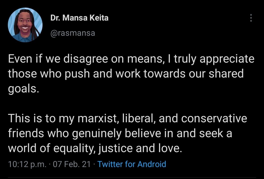 I tweeted this a week ago, and I still mean it to my core. I certainly believe there are some evil moral foundations, and I surely find a lot of beliefs morally abhorrent, but I can't see them as generally true about either conservatives or progressives, much less foundationally.