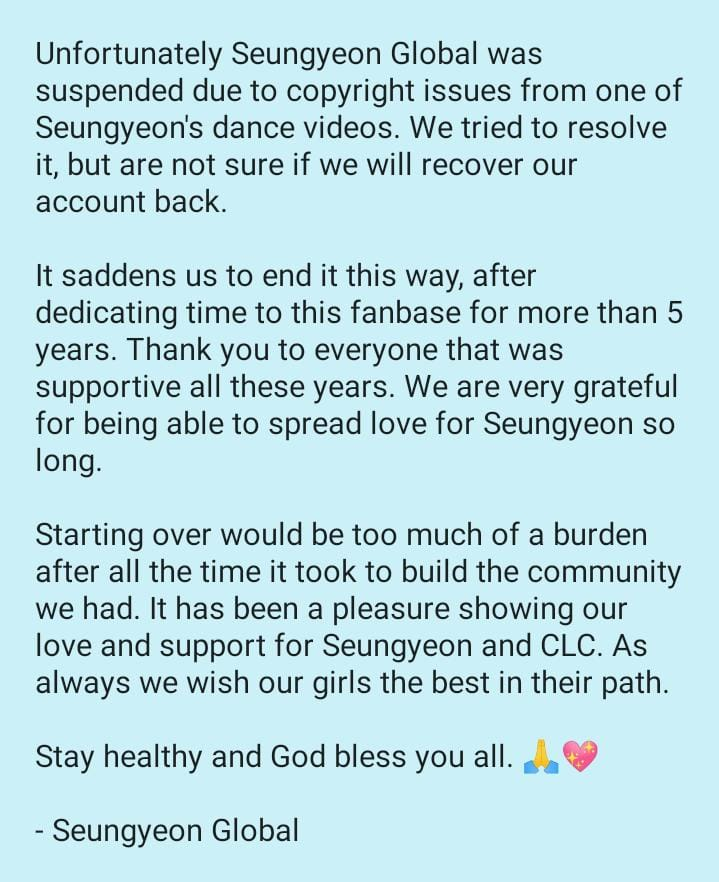 clctrans's tweet image. Our friend at @SeungyeonGlobal reached out to us for help making a statement below. Unfortunately, their account has been suspended and we're sorry and sad to hear that since they have been active since CLC debut. Thank you for your hardwork for the past 5 years~!