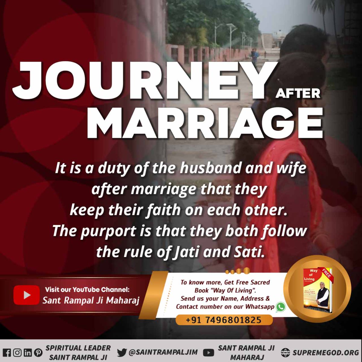 KamlaMeghwal's tweet photo. #BestWayOfLiving
Journey after marriage
It is a duty of the husband and wife after marriage that they keep their faith on each other.
The purport is that both follow the rule of jati and sati.@SaintRampalJiM
Visit Satlok Ashram YouTube channel https://t.co/NLsQZVOoIc https://t.co/ROvJuQdmvq