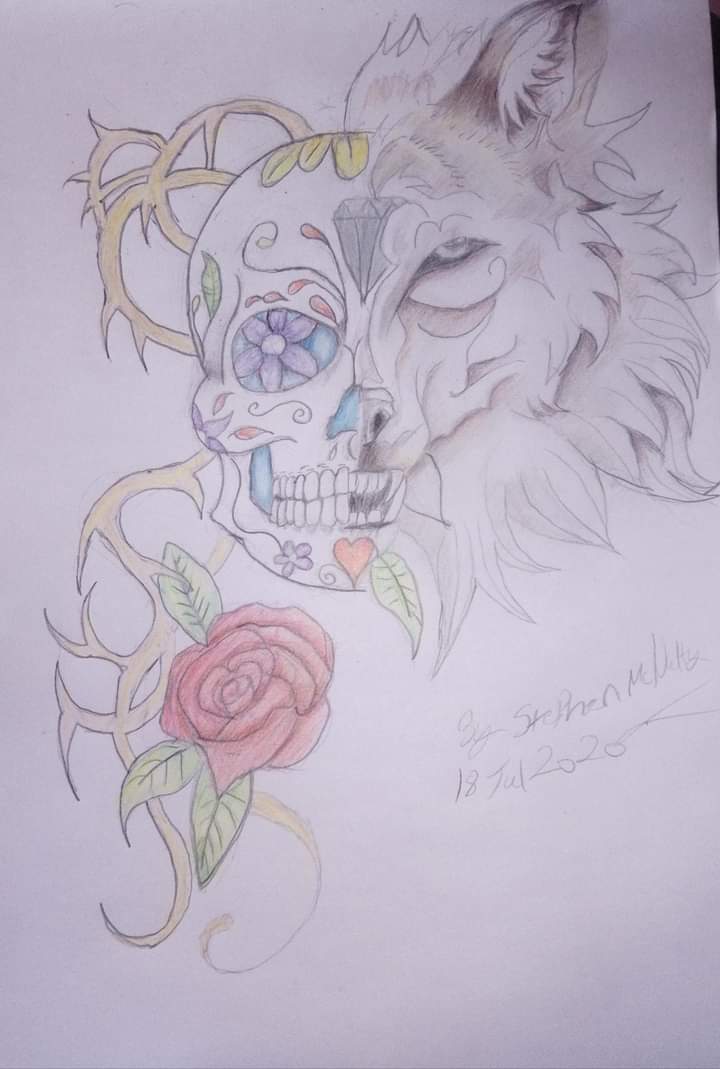 Stephenmcnult10's tweet photo. My drawing of a skull wolf. This idea was stuck in my head so I drew it.
#art #artist #handdone #sketch #pencil #pencildrawing #colourpencils #artistontwitter #skull #wolf #rose #mexicanskull #mexicanskullart #skullart #wolfart #paper #drawing https://t.co/Eo05WhCRlt