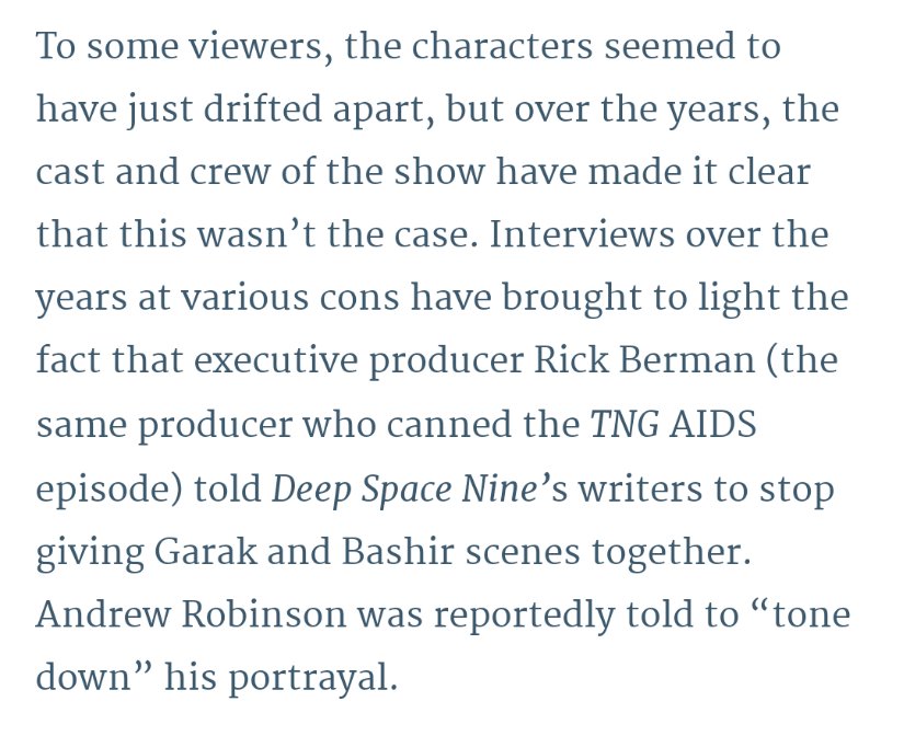 Why did Garak and Bashir spend less time together and Garak was given Zyial as an incredibly gross love interest? Andy Robinson's portrayal as queer coded made Berman uncomfortable.  https://www.themarysue.com/garak-bashir-relationship-star-trek-deep-space-nine/