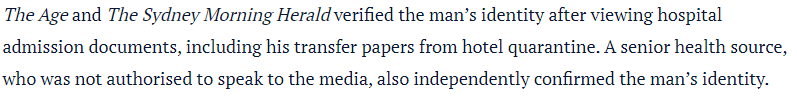 How? The SMH couldn’t verify anything from Sydney unless it was emailed to them. Who gave them access to hospital admission documents? Admission records are covered by privacy laws. Who is the Senior Health source? Do they work at the hospital or in quarantine?  @MeljCunningham?