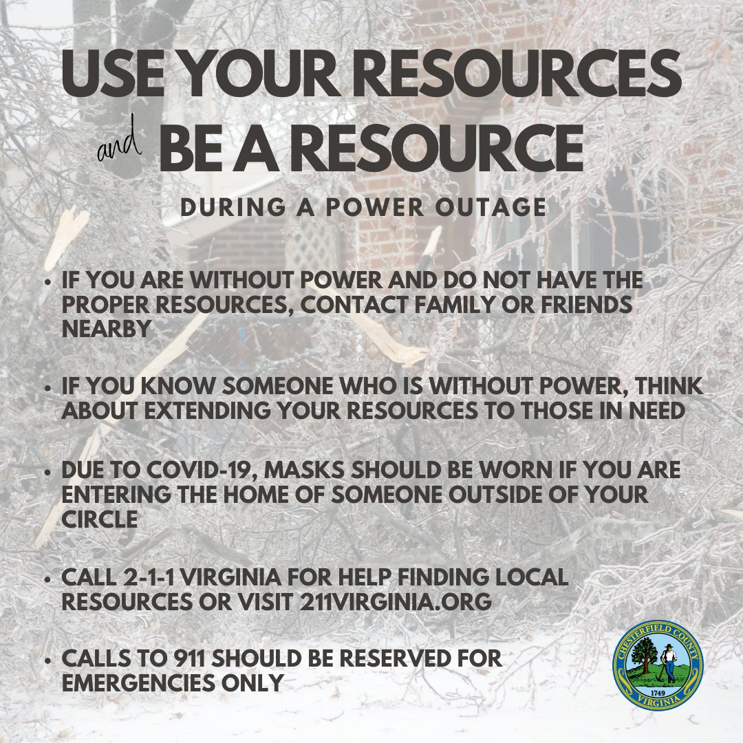 Many #Cfield residents are in the dark tonight due to widespread power outages. If able, use a resource and be a resource! 

<a href="/CCPDVa/">Chesterfield Police</a> <a href="/CCSOVA/">Chesterfield County Sheriff's Office VA</a> <a href="/CFEMSPIO/">Chesterfield Fire and Emergency Medical Services</a>
