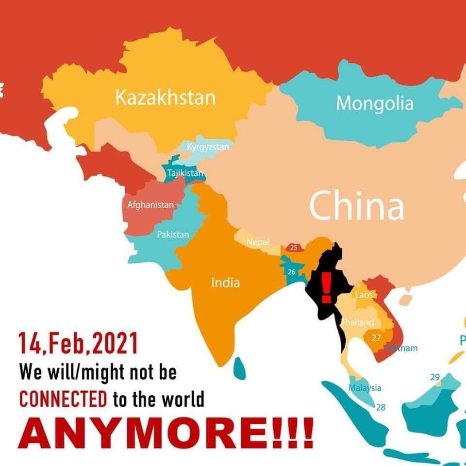 Zin_Ko_Phyoe's tweet photo. Military will/might cut off all the internet connection from 14th. They are plotting hideous crimes by starting arson and theft by releasing prisoners around Myanmar. 
They are trying to make public panic.
#WhatIsHappeningInMyanmar 
#InternetBlock 
#Feb14Coup https://t.co/0oYb6rcvPo