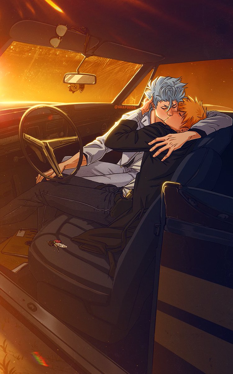 multiple boys 2boys yaoi male focus kiss ground vehicle car interior  illustration images