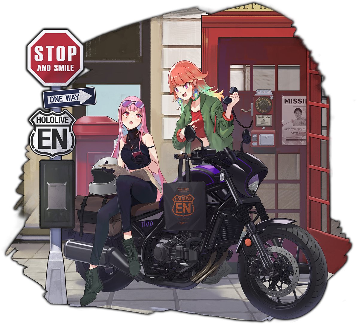 mori calliope ,takanashi kiara multiple girls motorcycle 2girls ground vehicle motor vehicle pink hair sunglasses  illustration images