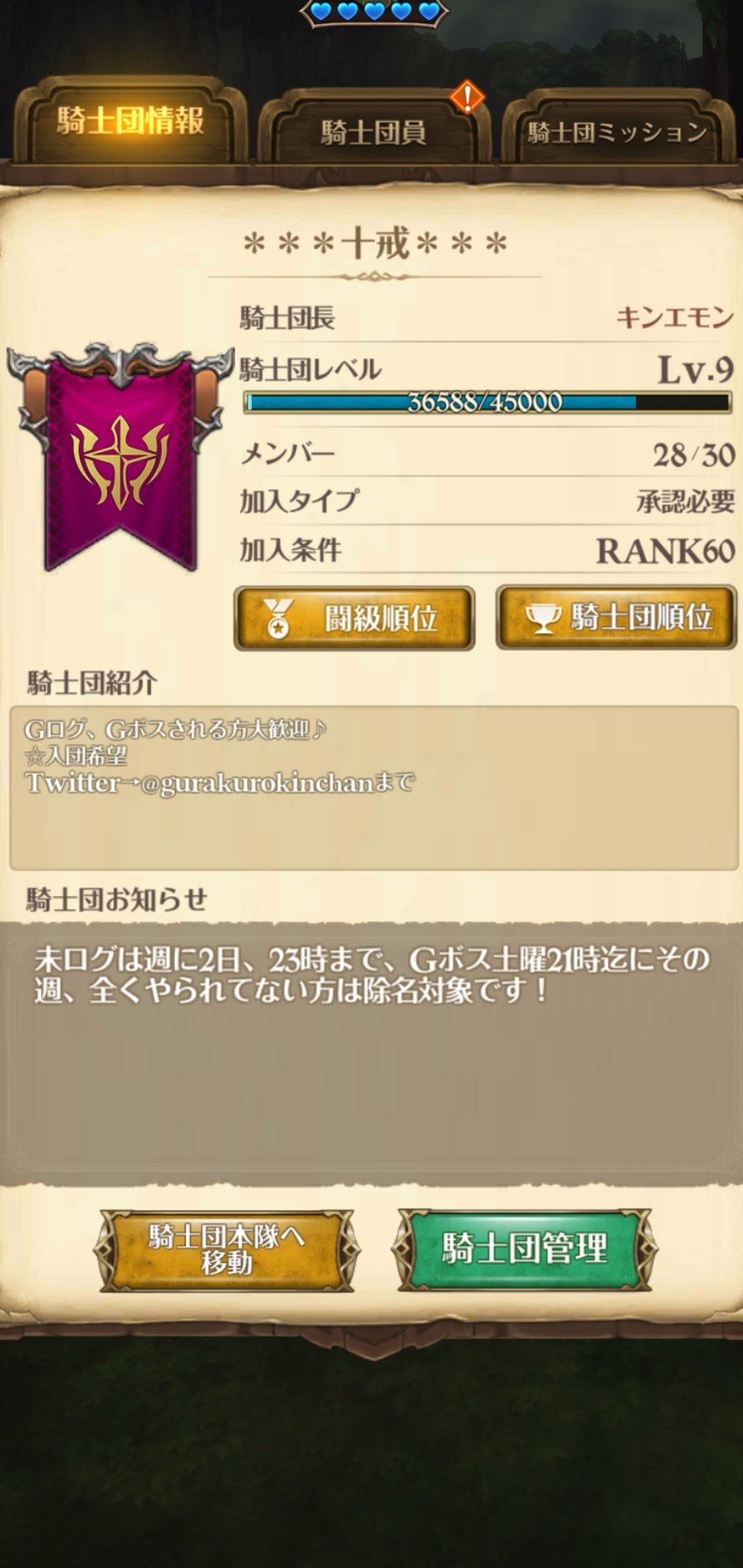 キンエモン とある事情で減ったりルール守れずに減ったりなので居着いていただける方を大募集してます 騎士団ボスは0 代をキープ 毎日25人以上のgログもキープ モチベある方ウェルカムです グラクロ 騎士団 騎士団募集